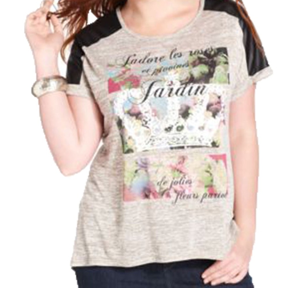 Style & Co Multi Color Faux-Leather Trim Embellished Royal Garden Shirt Size M
